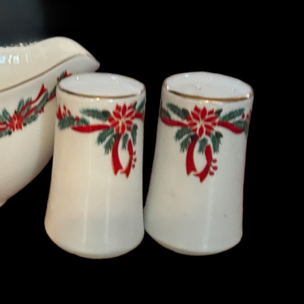 Vintage NEW fine china Poinsettias and Ribbons Gravy/Sauce Boat AND OR S&P Shake